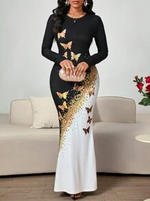 SHEIN Lady 春夏蝴蝶闪亮黑白拼布连衣裙女士派对舞会礼服情人节新年礼服女士优雅时尚派对宴会生日服装女士蝴蝶印花圆领长袖修身优雅连衣裙 - 黑與白 - 查看 5