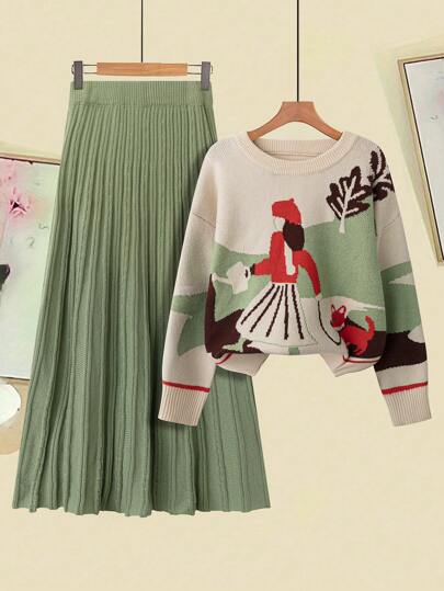 EMERY ROSE 2pcs/Set Women Plus Size Elegant Loose Color Block Knit Sweater Top And Skirt Set, Autumn/Winter Easter Wear Fall