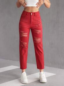 SHEIN PETITE Damen Gerade geschnittene Jeans mit Distressed-Effekt, lässig, mit Taschen, vielseitig einsetzbar