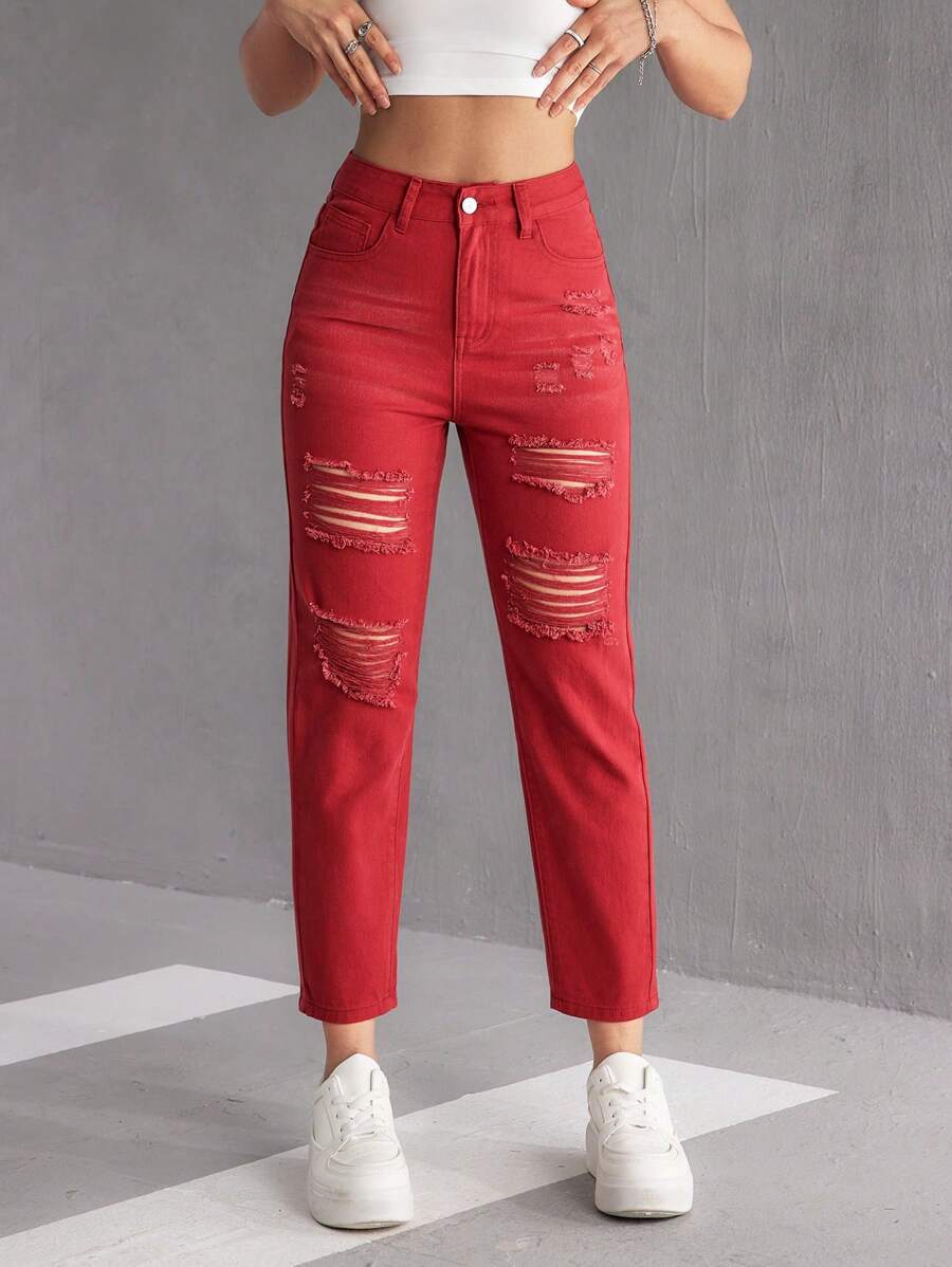 SHEIN PETITE Damen Gerade geschnittene Jeans mit Distressed-Effekt, lässig, mit Taschen, vielseitig einsetzbar