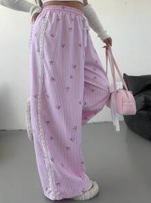 Flirla 女士条纹蝴蝶结印花运动休闲裤，新款拼接蕾丝边宽松阔腿长裤，春/秋 - 粉色 - 查看 7