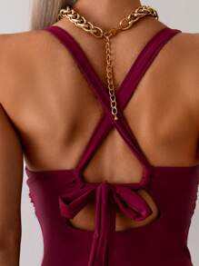 Swim Basics Women Plain Color Spaghetti Strap Backless Simplistic Casual One Piece Swimsuit Summer - Red Violet - View 5