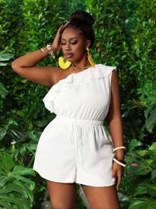 Slaydiva Women's Elegant Beach & Commuting Summer Halter Neck Ruffled Cinched Waist Fitted White Semi-Sheer Romper - White - View 6