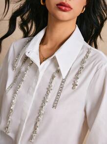Poéselle White Long-Sleeved Shirt,New Years Women Shirt,Long Sleeve Women Tops,Women Tops,Going Out Tops,New Years Eve ,Women's Rhinestone Decor Long Sleeve Single-Breasted Elegant Shirt,Suitable For Everyday, Commuting, Party,Going Out On The Street, Dating And Other Occasions