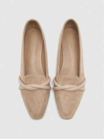 CUCCOO BIZCHIC 女士方头平底杏色交叉带软底舒适复古乐福鞋，适合日常通勤和办公室穿着