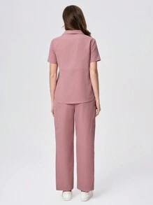 Scrubzie 2pcs/Set Anti-Wrinkle Cross Wrap Scrub Uniform Top & Pants Set - Pink - View 2