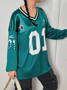 SHEIN 青少年女孩数字和字母印花足球球衣 T 恤，返校休闲装 - 綠色 - 查看 6