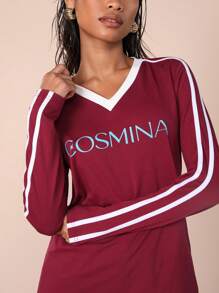 COSMINA Damen Herbst Buchstaben gestreiftes V-Ausschnitt Langarm Lässig T-Shirt