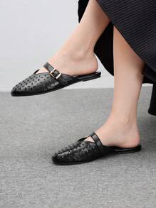 CUCCOO BIZCHIC 1pair Women's Flat Round Toe Black PU Upper Laser Floral Pattern Striped Mules Slip-On Shoes,Minimalist Elegant Fashion For Holiday - Black - View 7