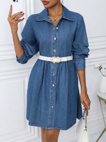 SHEIN LUNE 女士休闲牛仔连衣裙，简约时尚，适合日常穿着 - 中等水洗藍 - 查看 7