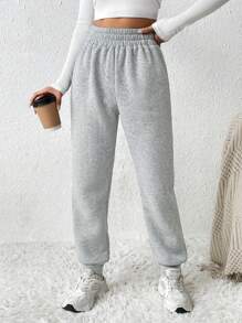 SHEIN PETITE CURVE Plus Size Women Solid Color Elastic Waist Drawstring Casual Sweatpants - Light Grey - View 3