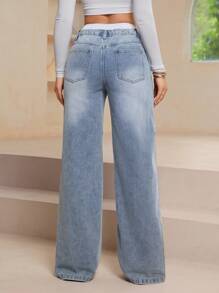 SHEIN Essnce 女式休闲复古双腰带直筒阔腿牛仔裤