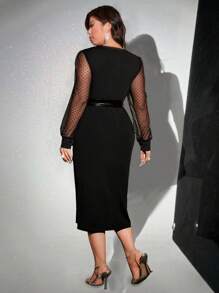 SHEIN Clasi Vestido midi entallado de línea A de talla grande con parches de tela de malla y recubierta, cinturón y elegante vestido largo para mujer