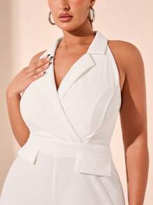 SHEIN BAE Plus Size Women White Elegant Jumpsuit Wide Leg Pants, Suitable For Valentine's Day, Summer, Birthday, Formal Occasions, Work, Party, Music Festival, High Waist, V-Neck - White - View 4