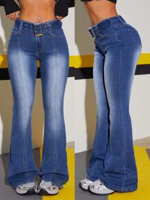 SHEIN ICON Jeans de mezclilla con cinturón, bolsillos, efecto desgastado y corte acampanado, de uso casual y versátil para mujeres - Azul lavado oscuro - Ver 4