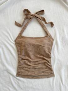 Soleia Camiseta ajustada de punto texturizado de color café para vacaciones de mujer