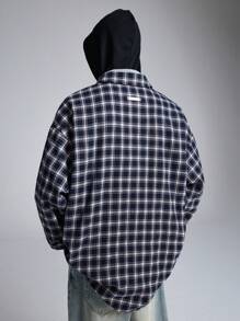 NEON BLANC 男士时尚街头风格格纹拉绒长袖衬衫，饰有水钻细节 - 黑色 - 查看 4