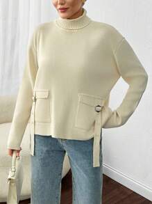 EURMUSE 1pc Women's Solid Color High Neck Long Sleeve Pocket Minimalist Casual Top