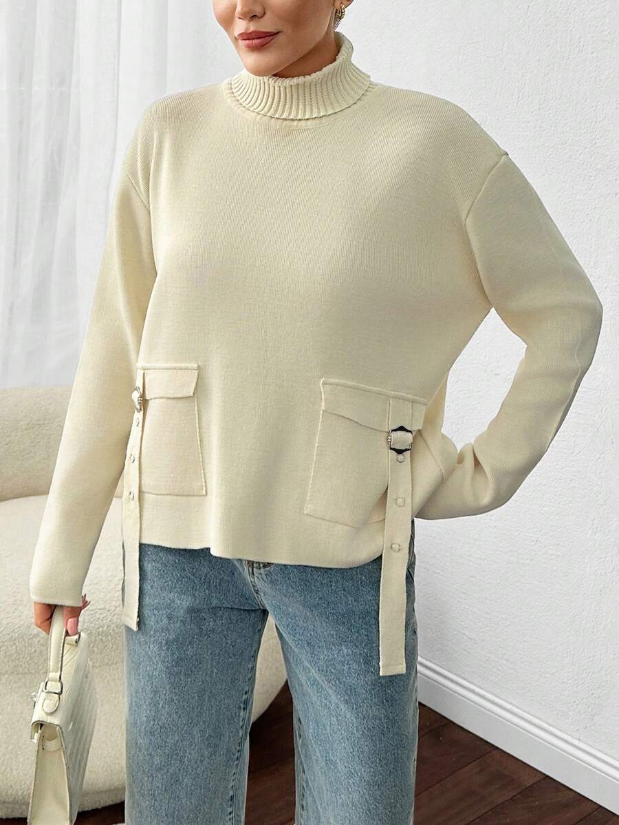 EURMUSE 1pc Women's Solid Color High Neck Long Sleeve Pocket Minimalist Casual Top