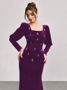 SHEIN Belle Rhinestone Embellished Velvet Long Sleeve Mermaid Dress, New Arrival Stage/Banquet/Party Slimming Gown, Wedding Guest Dress