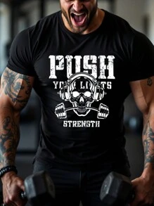 Manfinity Sport PWRUP Men's Round Neck Short Sleeve Letter Print Casual Activewear Top Halloween Party - Black - View 3