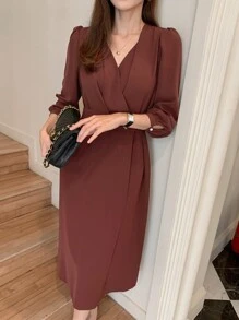 DAZY 法式复古V领优雅高端奢华连衣裙成熟女性秋装长袖连衣裙 - 酒紅色 - 查看 5