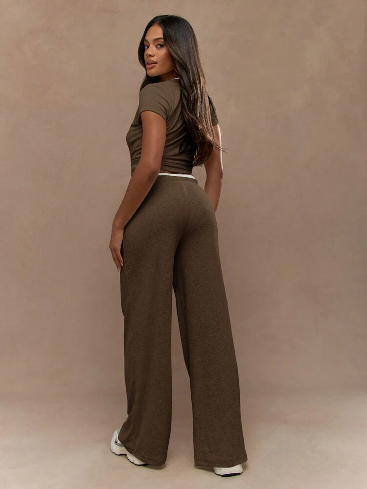 MISSGUIDED Casual Ribbed Crop Top Wide Leg Pants Two Piece Outfit Comfy Loungewear Set Fall Winter Spring Coord Chic Streetwear Set