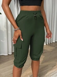 Zolique Women's Drawstring Waist Five-Cropped Cargo Pants - Green - View 3