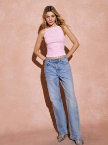 Poéselle 女士粉色后背蝴蝶结装饰圆领修身短款 Y2K 风格背心 - 粉色提花弹力蕾丝上衣、蝴蝶结上衣、情人节、外出女式上衣、Y2K 衬衫、Coquette 上衣、约会女装、FW25 - 粉色 - 查看 4