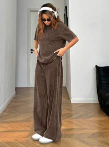 SHEIN EZwear Autumn/Winter Casual Homewear Set: Crew Neck Short Sleeve Top And Straight Leg Distressed Loose Pants