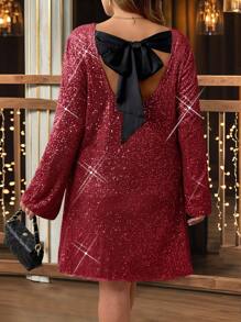 NU&NOW Plus Size Sequin Lace-Up Backless Christmas Party Dress - Burgundy - View 2