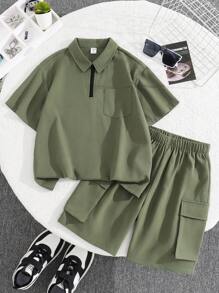 SHEIN Leap Crew 2pcs/Set Kids/Tween Boys' Casual Resort Style Polo Collar Half-Zip Pullover Short Sleeve Top & Loose Woven Shorts Outfit - Army Green - View 1
