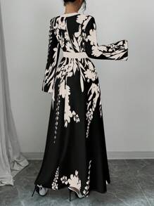 Elenzga Women's Spring/Autumn V-Neck Floral Print Long Sleeve A-Line Flared Hem Dress - Multicolor - View 2