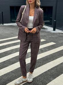 SHEIN LUNE Retro Plaid Collar Pocket Waist Cinched Blazer Jacket And Cinched Waist Tapered Leg Pants Casual Commuter Elegant Suit Set For Women, Autumn/Winter Winter Sets