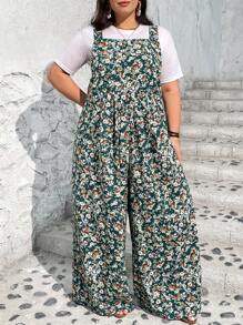 SHEIN CURVE+ Women's Plus Size Floral Print Jumpsuit, Vacation, Casual Boho Vacation