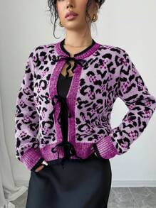 SHEIN Unity Cárdigan con estampado de leopardo y lazo frontal para mujer - Morado - Ver 5