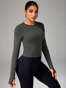 Easithlete Áo thun thể thao thường ngày dài tay cổ tròn màu trơn dành cho nữ & áo ba lỗ - màu đen - Xem 6