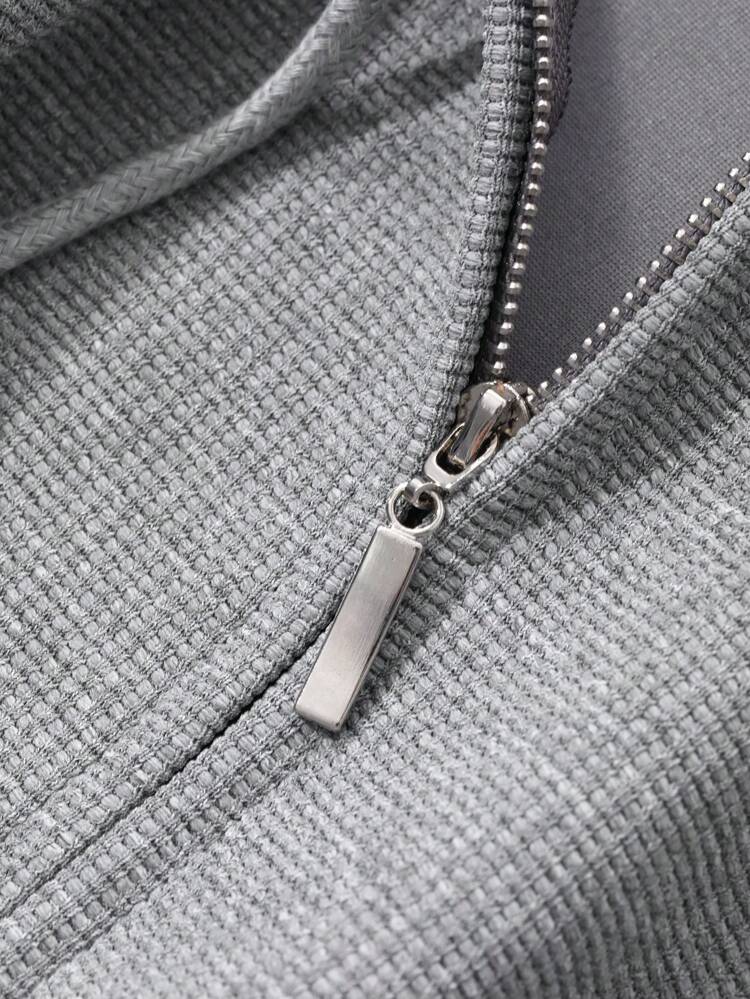 Men's Solid Color Front Zipper Long Sleeve Minimalist Hooded Sweatshirt, Casual Everyday Wear,Fall Clothes Quarter Zip Men