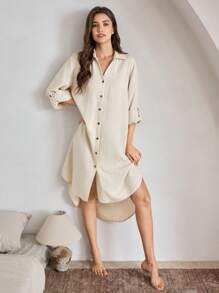 Ocili 女士前扣长袖简约休闲家居服连衣裙 - 卡其色 - 查看 3