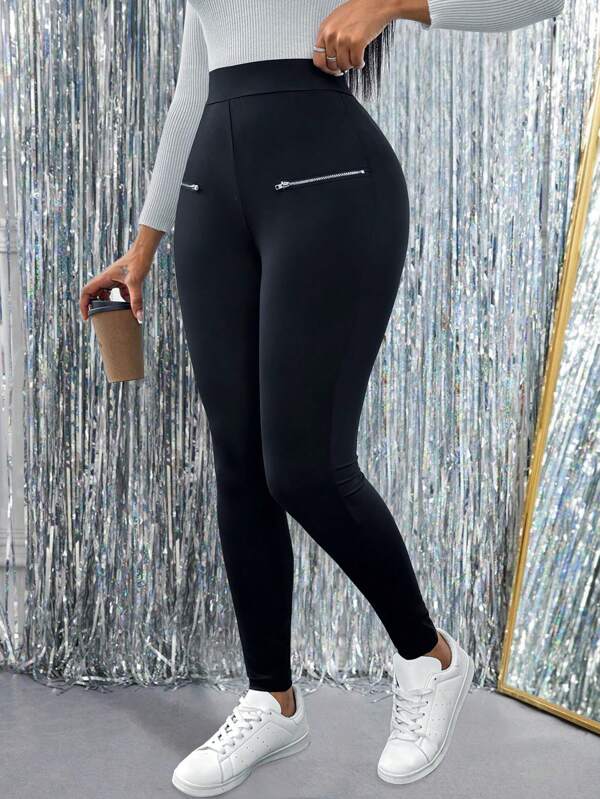 Lyxana Damen neue Herbst gestrickte schwarze Leggings mit Reißverschluss