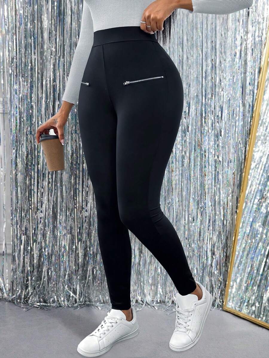 EMERY ROSE Quần legging dệt kim màu đen mới cho nữ có khóa kéo mùa thu - màu đen - Xem 1