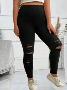 EMERY ROSE Pantalones De Talla Grande De Ajuste Delgado Con Un Solo Color Y Con Apariencia Desgastada Para Primavera/verano - Negro - Ver 3