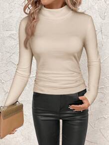 SHEIN Clasi Women Stand Collar Gathered Waist Fleece Warm T-Shirt - Apricot - View 3