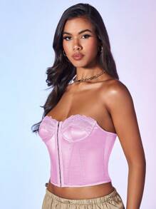 SHEIN BAE Top feminino de cor sólida com contraste de renda e bandeau - Baby Rosa - Ver 6
