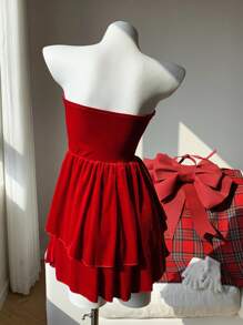 SHEIN EZwear Women's Red Velvet A-Line Strapless Dress, For Christmas - Red - View 2