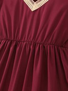 Tween Girls V-Neck Lace Panel Elegant Short Sleeve Dress - Burgundy - View 5