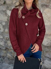 SHEIN LUNE Women Solid Color Button Design Long Sleeve Sweater, Suitable For Valentine's Day, New Year's Celebration