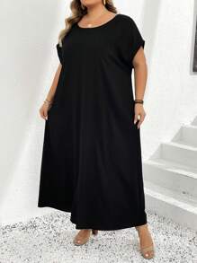 SHEIN CURVE+ Vestido informal holgado de manga de murciélago negro para vacaciones en talla grande, de estilo bohemio - Negro - Ver 6