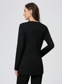 Scrubzie Color Block Fitted Stretch Long Sleeve Nurse Scrub Uniform Top - Black - View 2