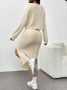 Almamuse 2 Pieces Set: Women's Solid Color High Slit Bodycon Dress And Front Open Cardigan Fall Cloth For Women - Apricot - View 2